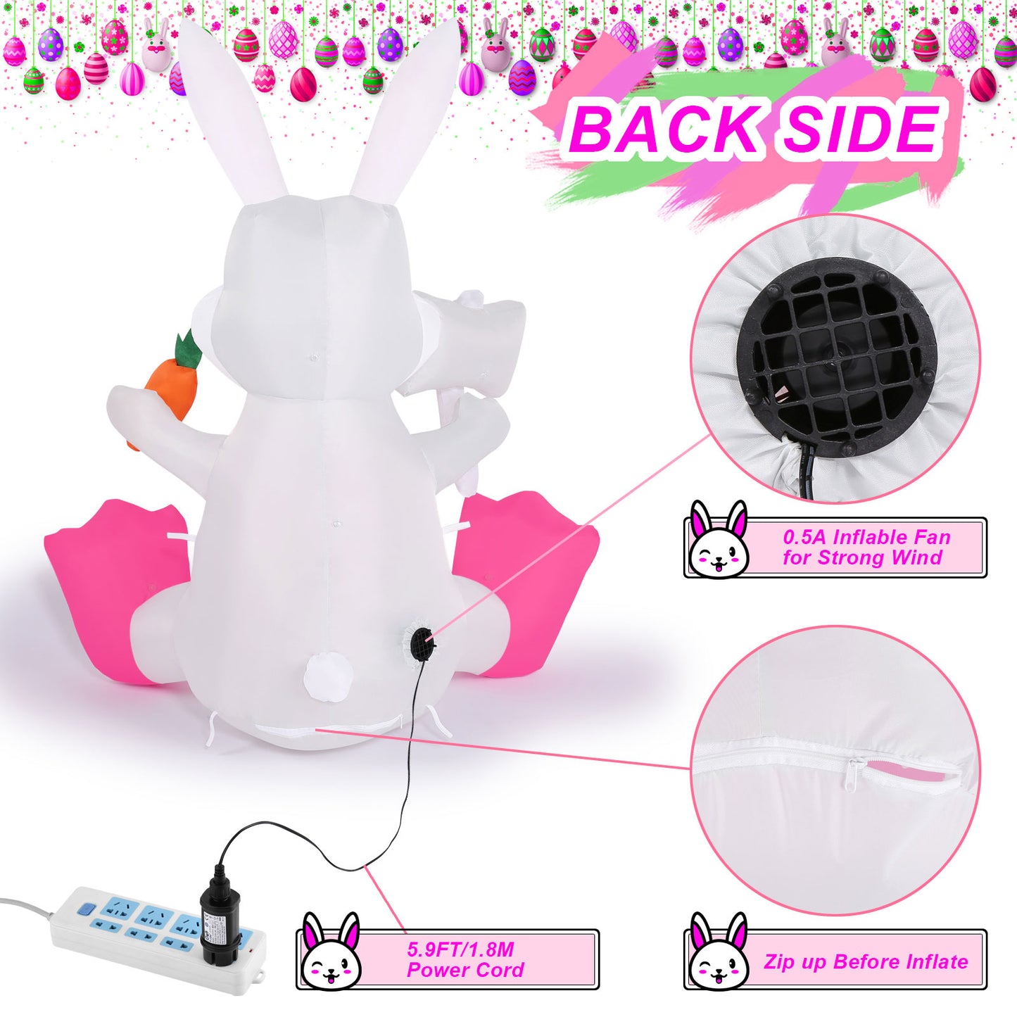 4FT Inflatable Easter Bunny with Built-in LED lights, Easter Bunny Inflatable Outdoor Decorations for Lawn, Yard and Garden Decor