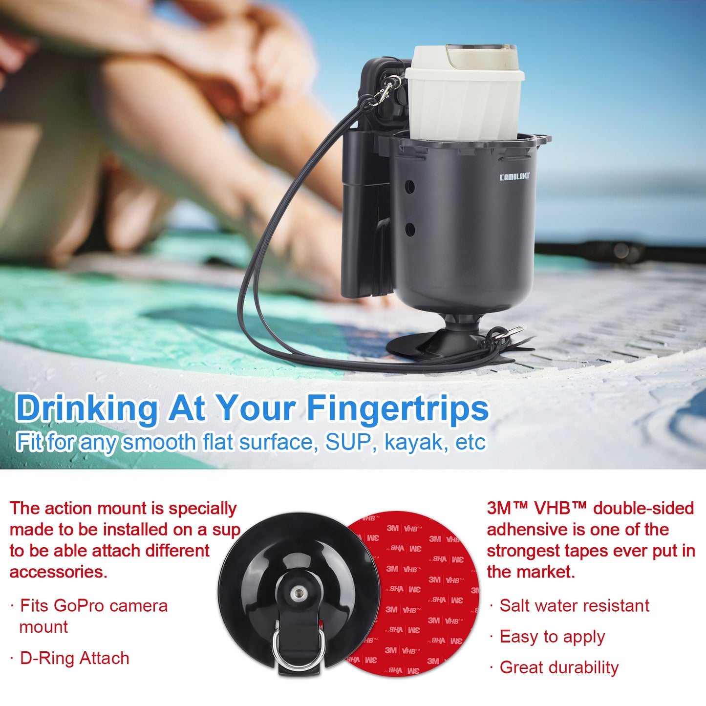 CAMULAND SUP Paddle Board Cup Holder with Rubber Tab, Multi-Functional and Anti-toppling Cup Holder Phone Holder Fishing Tool and Lures Storage, Stand Up Paddle Board Accessories Includes Action Mount