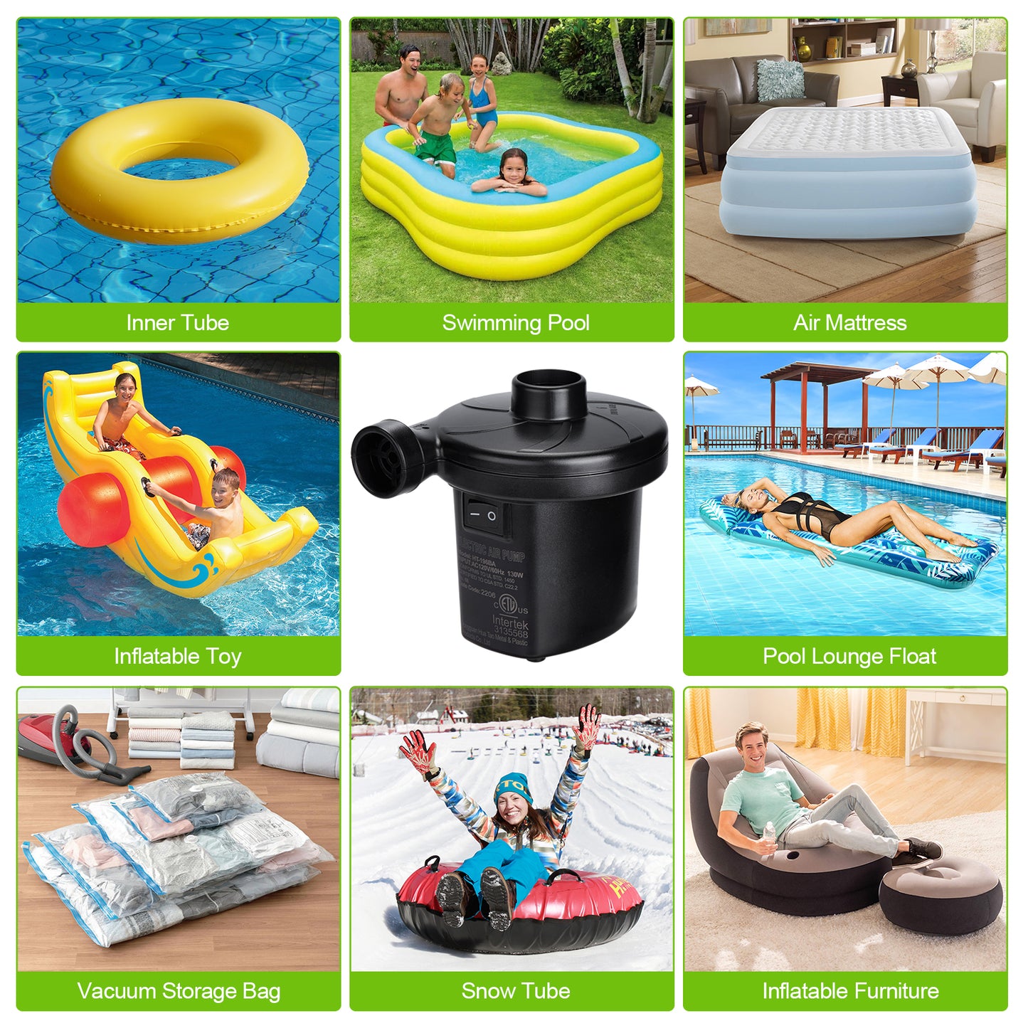 CAMULAND Electric Air Pump, 130W Electric Pump for Inflatable with 3 Nozzles for Air Mattress, Inflatable Couch, Pool Floats, Blow up Pool Raft Bed Boat and Water Pool