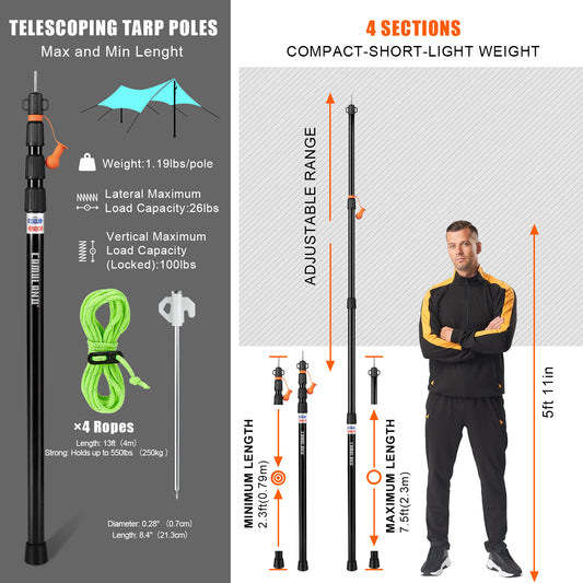CAMULAND Tarp Poles, Set of 2, 31.1" - 90.6” Aluminum Tent Poles for Tarp Adjustable, Lightweight Portable Telescoping for Camping, Hiking, Hammock Awning/Outdoor Activities-4 Section