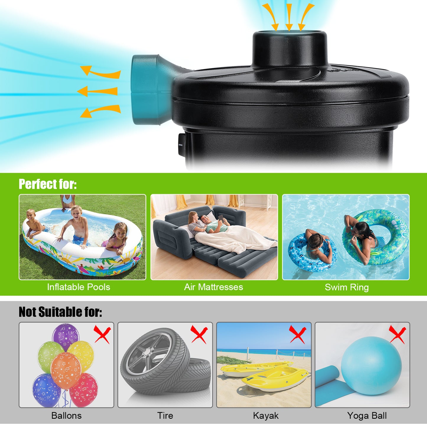 CAMULAND Electric Air Pump, 130W Electric Pump for Inflatable with 3 Nozzles for Air Mattress, Inflatable Couch, Pool Floats, Blow up Pool Raft Bed Boat and Water Pool