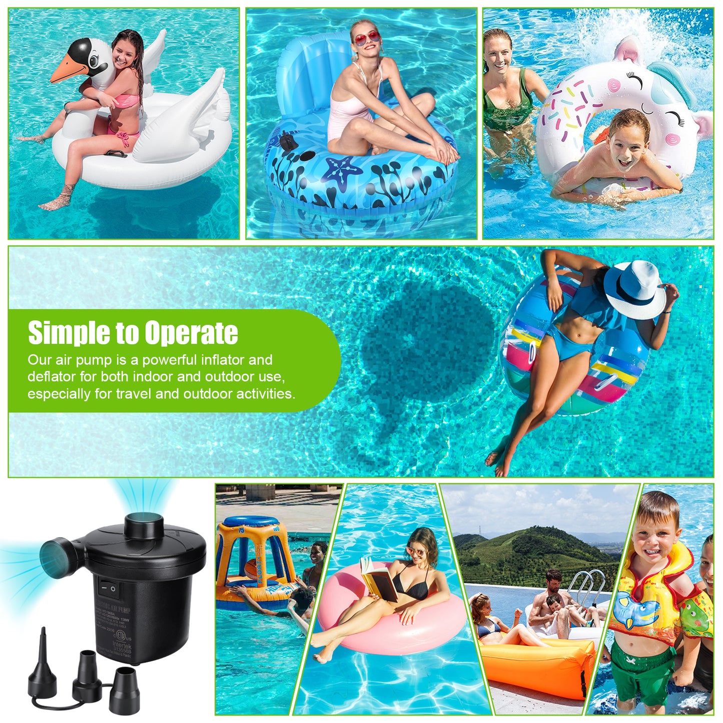 CAMULAND Electric Air Pump, 130W Electric Pump for Inflatable with 3 Nozzles for Air Mattress, Inflatable Couch, Pool Floats, Blow up Pool Raft Bed Boat and Water Pool