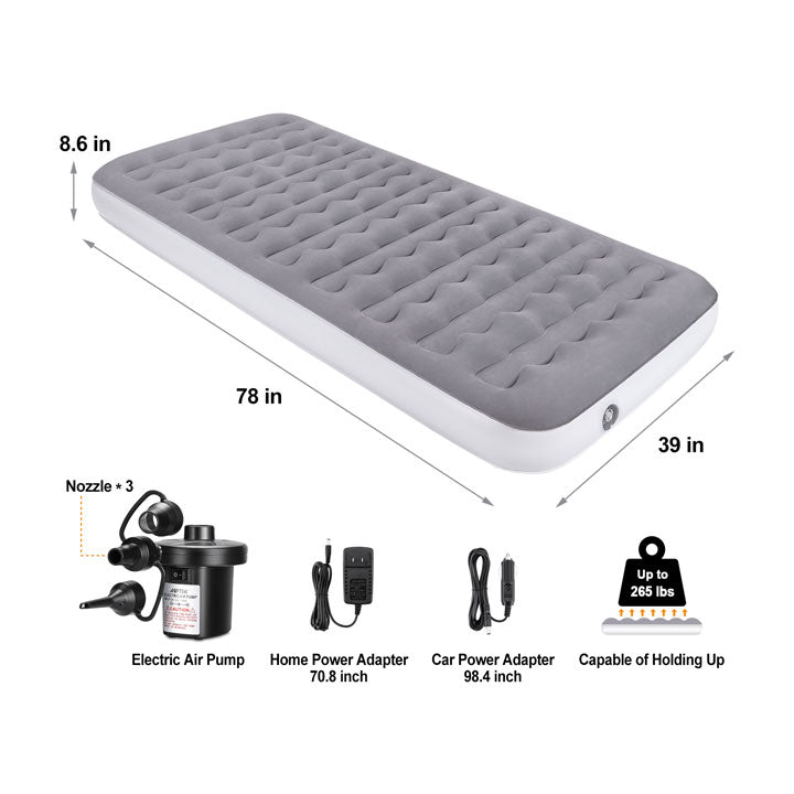 PACKAGE INCLUDES: 1 * Air Mattress (size: 78*39*8.6inches) and 1*Electric air pump(Includes home & car adapter; 3 nozzles)