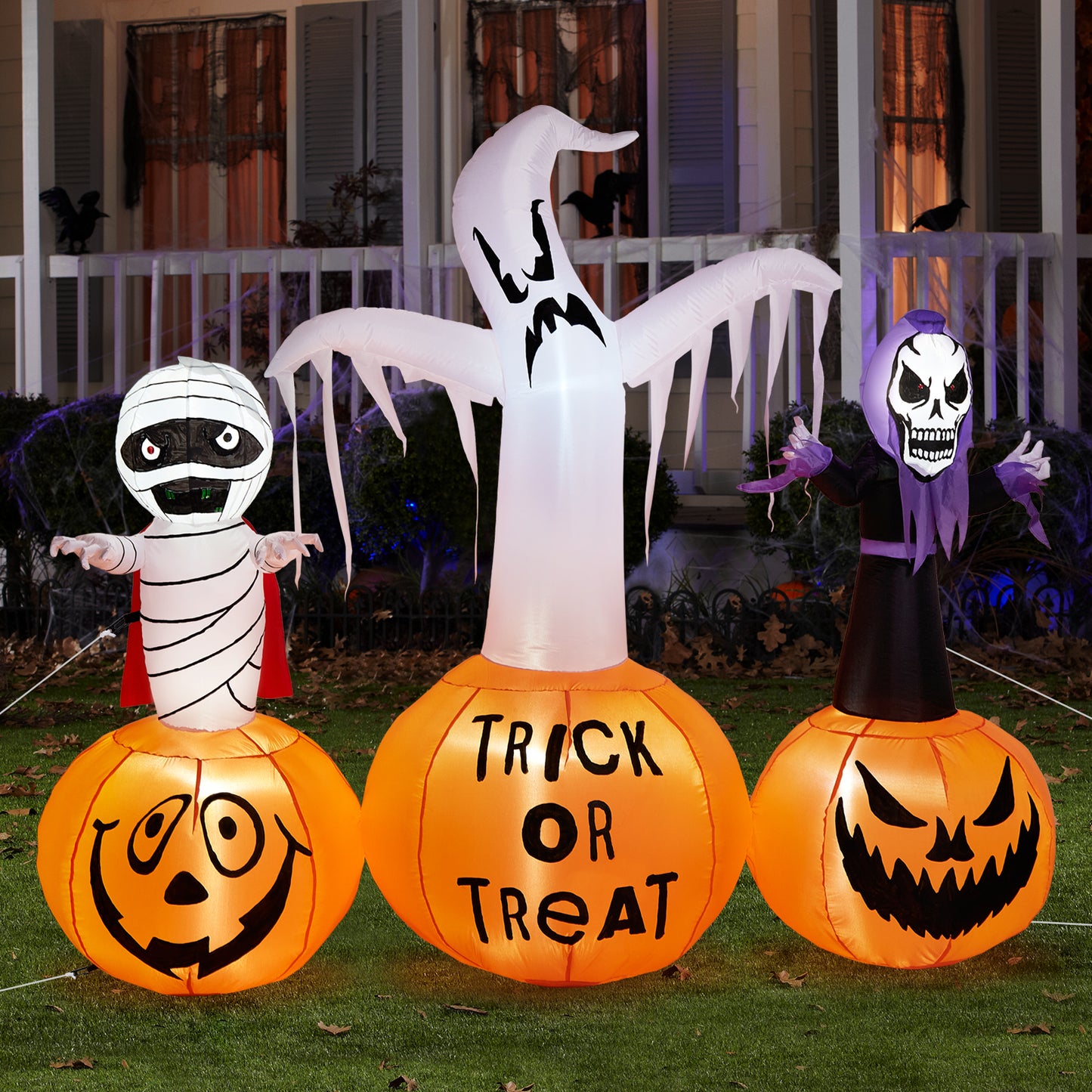 5.9FT Halloween Inflatable Decorations, CAMULAND Halloween Inflatable Built-in LED Pumpkin Lights Blow Up Yard Decoration with Mummy, White Ghost and Death, Ideal for Garden, Yards and Lawns