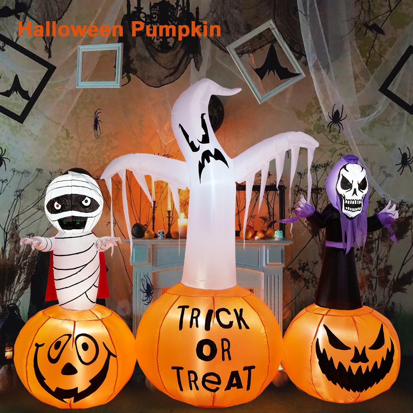 5.9FT Halloween Inflatable Decorations, CAMULAND Halloween Inflatable Built-in LED Pumpkin Lights Blow Up Yard Decoration with Mummy, White Ghost and Death, Ideal for Garden, Yards and Lawns