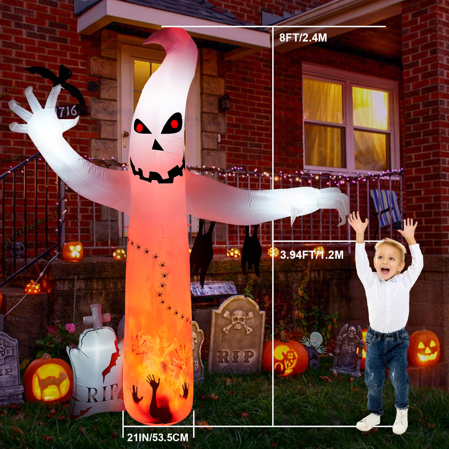 8FT Halloween Inflatables Outdoor Decorations, CAMULAND Large Ghost Decor with Built-in LED Lights for Yard Outside Indoor Party Archway Lawn Scary Blow Up Décor Haloween