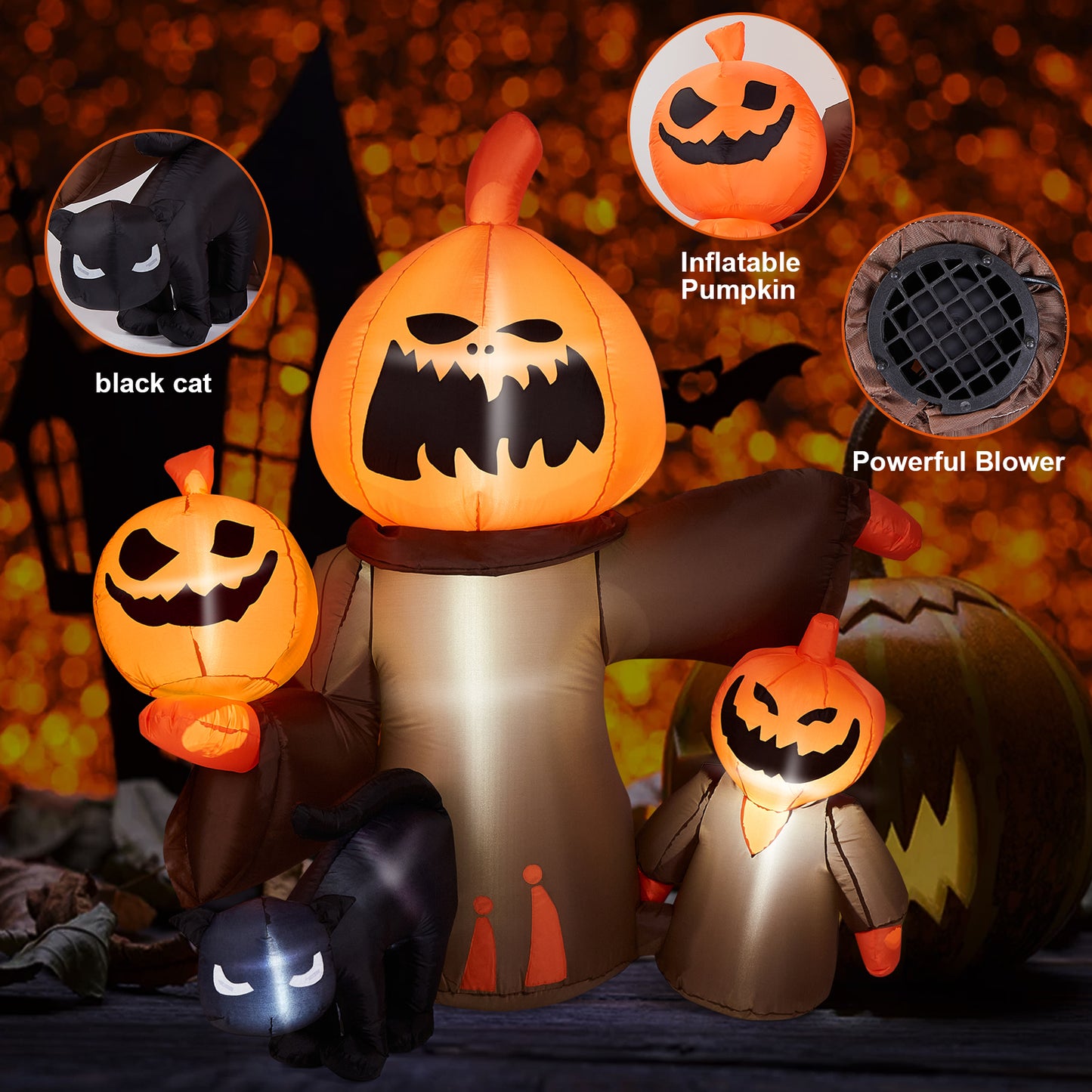 4.9 FT Pumpkin Decor, CAMULAND Halloween Inflatable Pumpkin Outdoor Decorations Ghost Goosh Blow Up Black Cat Yard Decorating for Home Outdoor Indoor Party
