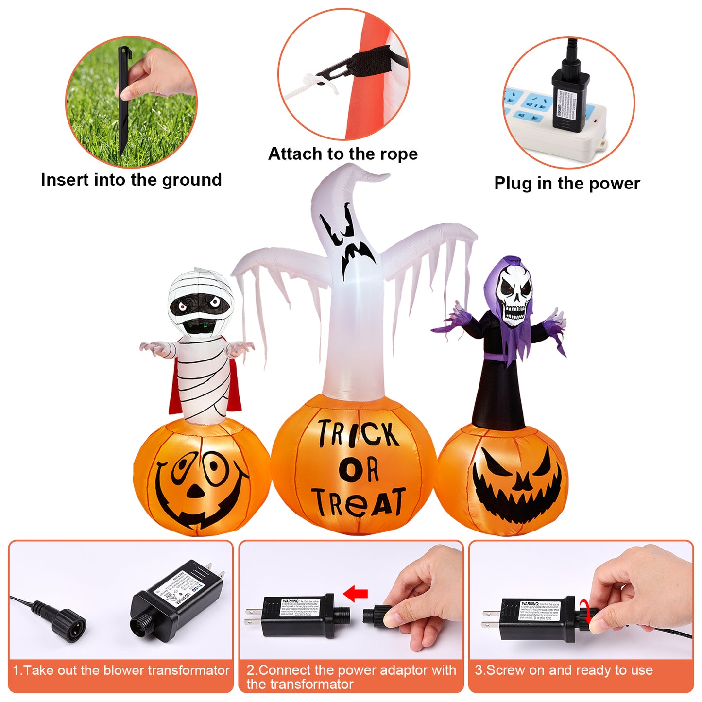 5.9FT Halloween Inflatable Decorations, CAMULAND Halloween Inflatable Built-in LED Pumpkin Lights Blow Up Yard Decoration with Mummy, White Ghost and Death, Ideal for Garden, Yards and Lawns