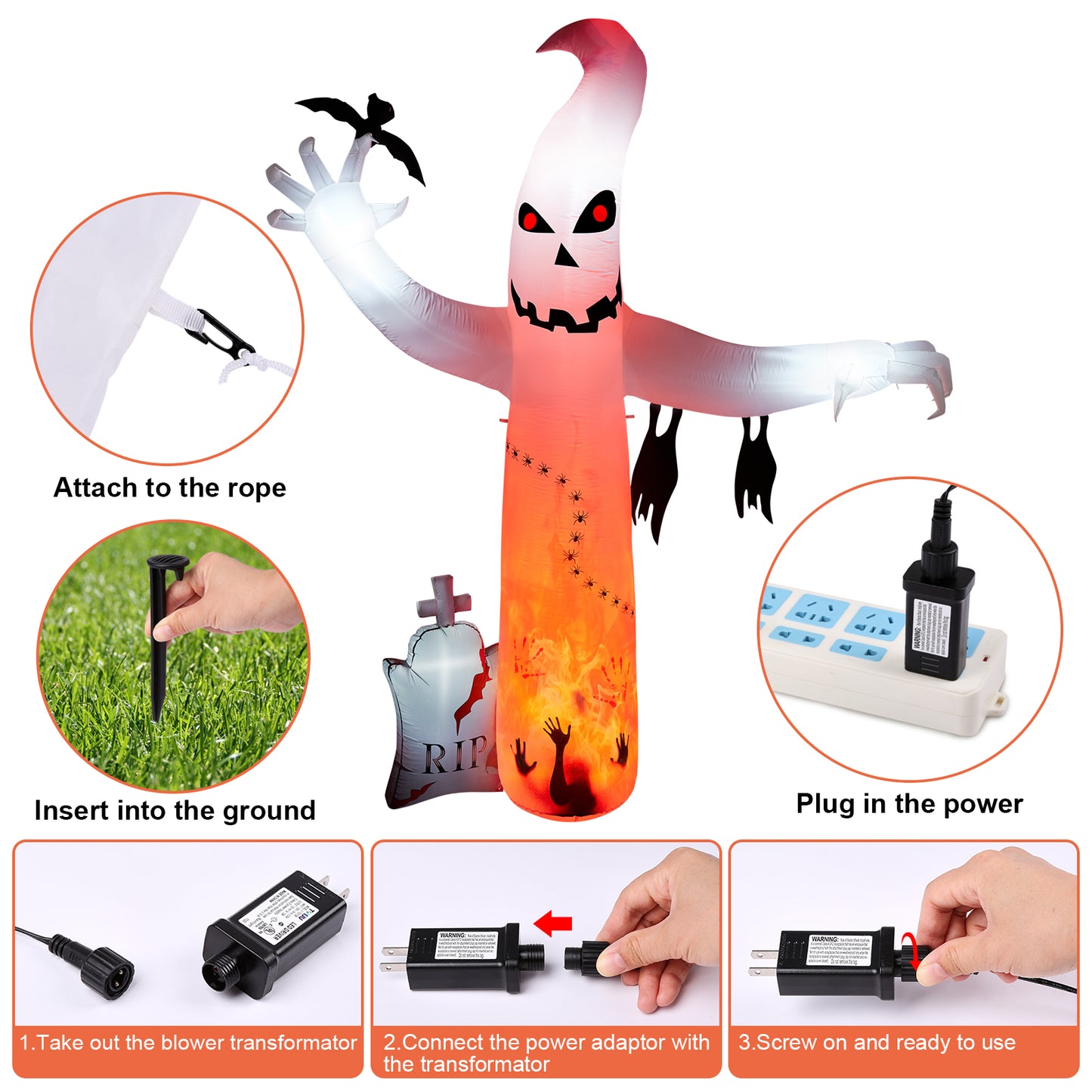 8FT Halloween Inflatables Outdoor Decorations, CAMULAND Large Ghost Decor with Built-in LED Lights for Yard Outside Indoor Party Archway Lawn Scary Blow Up Décor Haloween