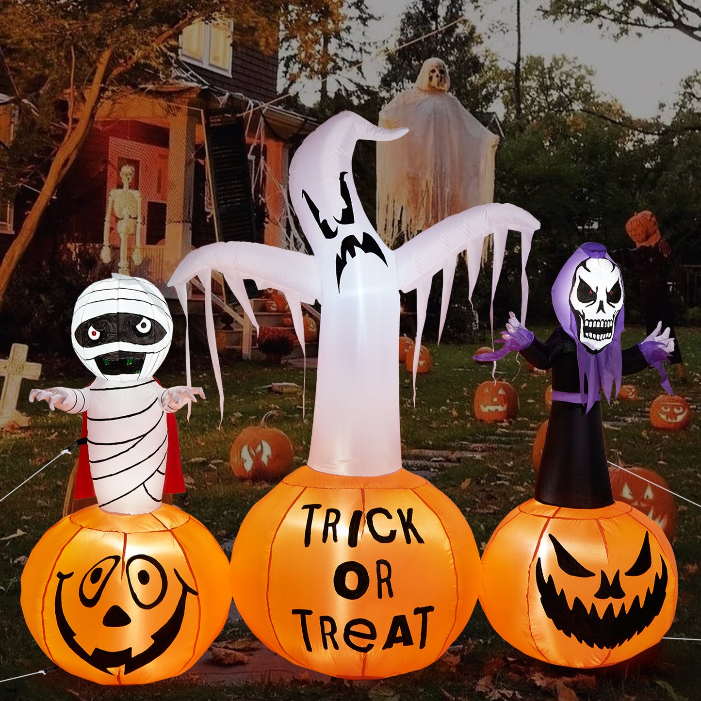 5.9FT Halloween Inflatable Decorations, CAMULAND Halloween Inflatable Built-in LED Pumpkin Lights Blow Up Yard Decoration with Mummy, White Ghost and Death, Ideal for Garden, Yards and Lawns