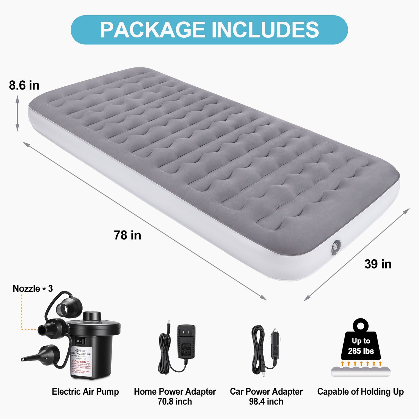 Air Mattress, Lightweight Camping Inflatable Bed with Electric Air Pump for Home, Travel, RV Tent and SUV Truck