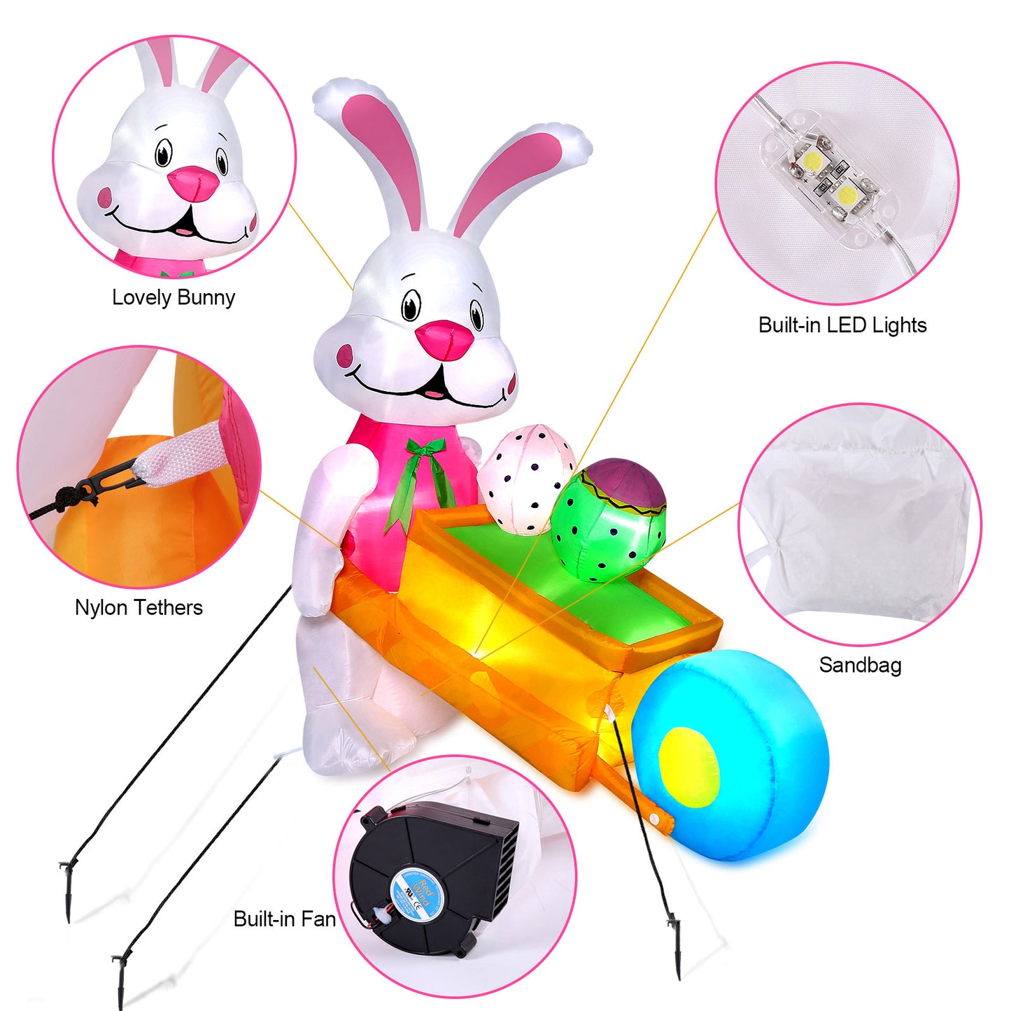 5.9FT Inflatable Easter Bunny Pushing Wheelbarrow with Eggs and Built-in LED lights, Easter Bunny Outdoor Decorations for Lawn, Yard and Garden Decor