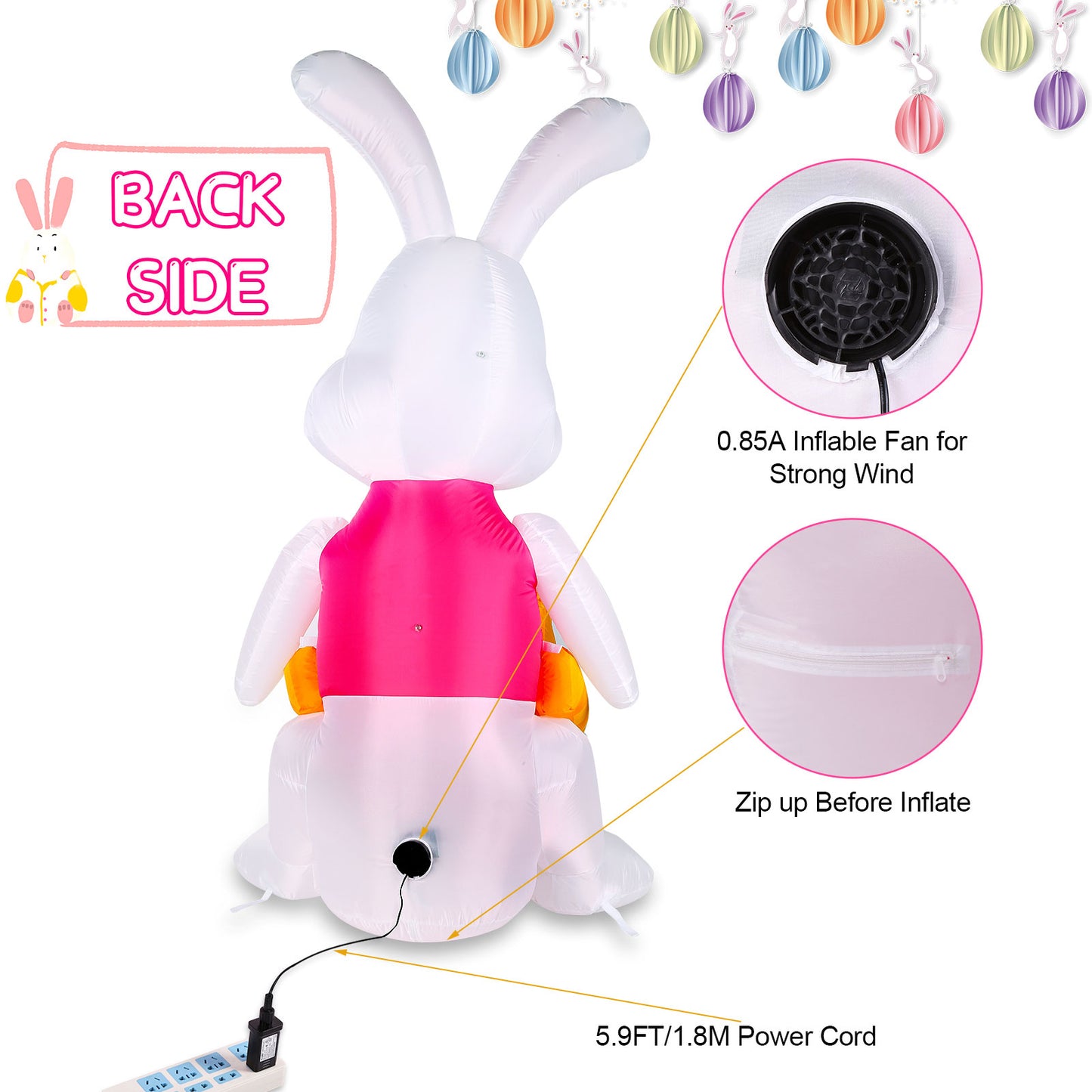 5.9FT Inflatable Easter Bunny Pushing Wheelbarrow with Eggs and Built-in LED lights, Easter Bunny Outdoor Decorations for Lawn, Yard and Garden Decor